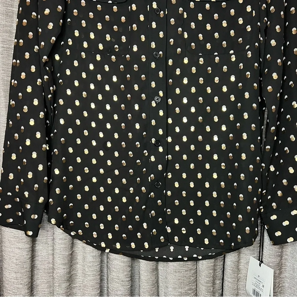 NWT Who What Wear Black Button Down Shirt with Gold & White Polka Dots Medium